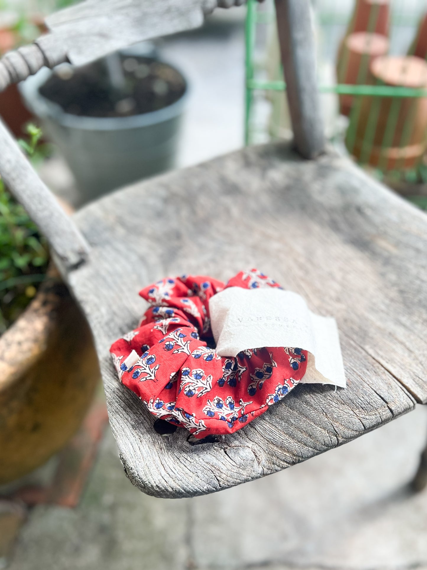 Hair Scrunchie in Blockprint Red Floral