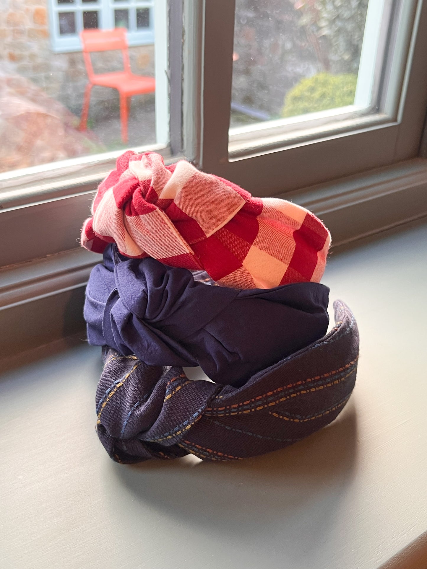 The Top Knot Headband in Picnic Blue Check