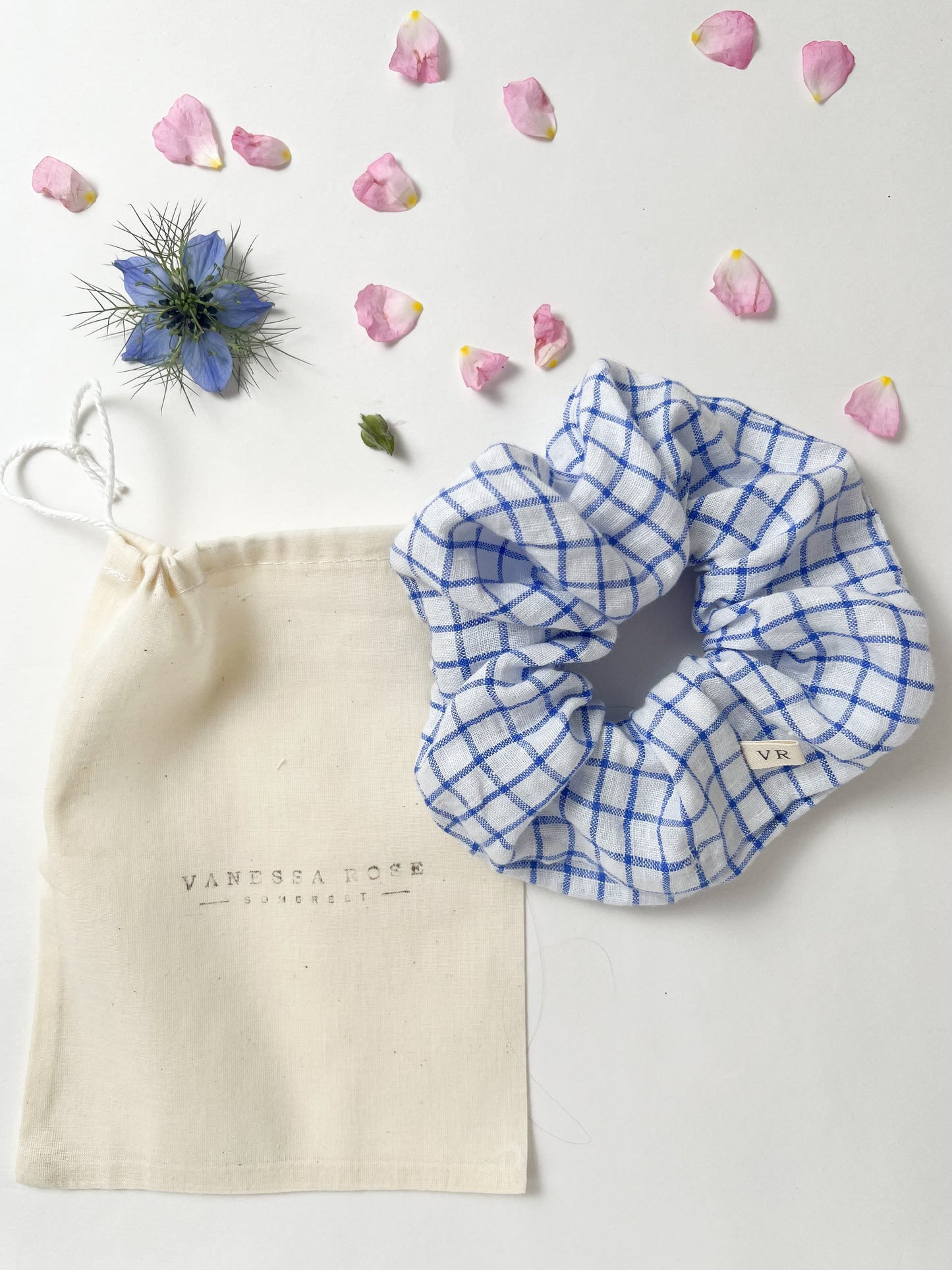 Hair Scrunchie in Blue Check Linen