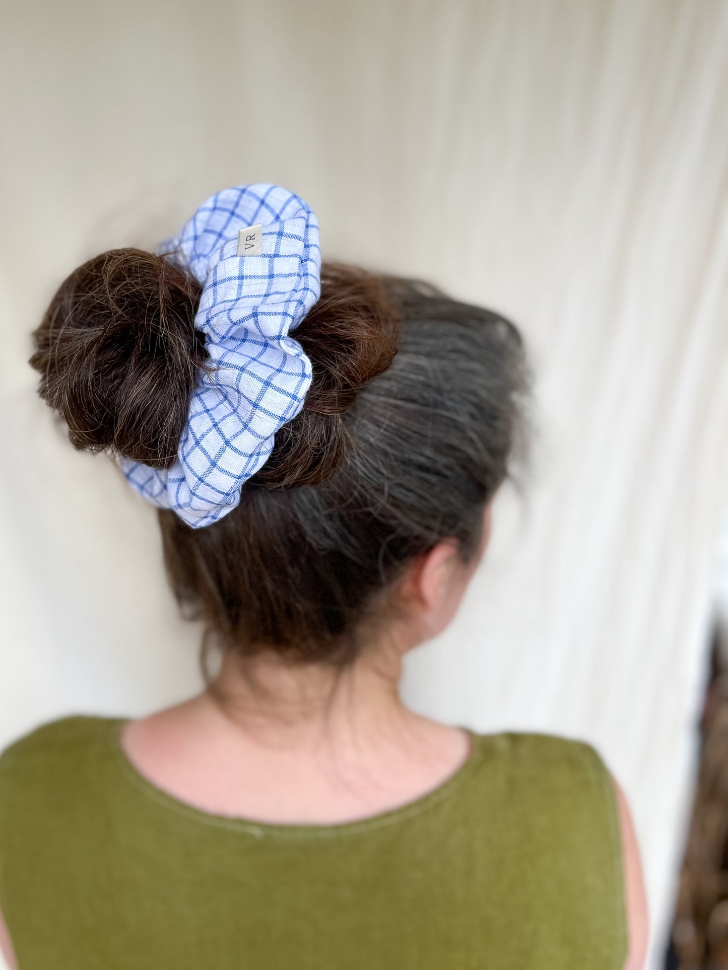 Hair Scrunchie in Blue Check Linen
