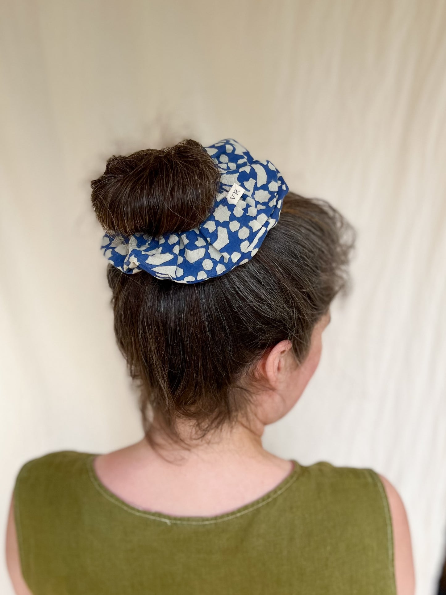 Hair Scrunchie in Blue Blockprint Floral