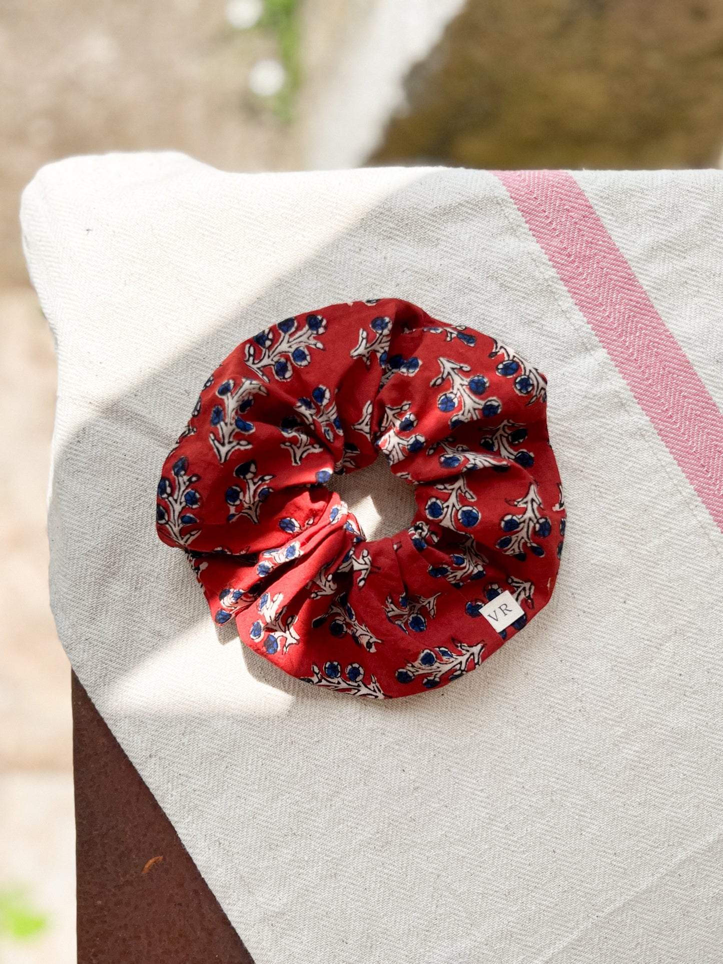 Hair Scrunchie in Blockprint Red Floral