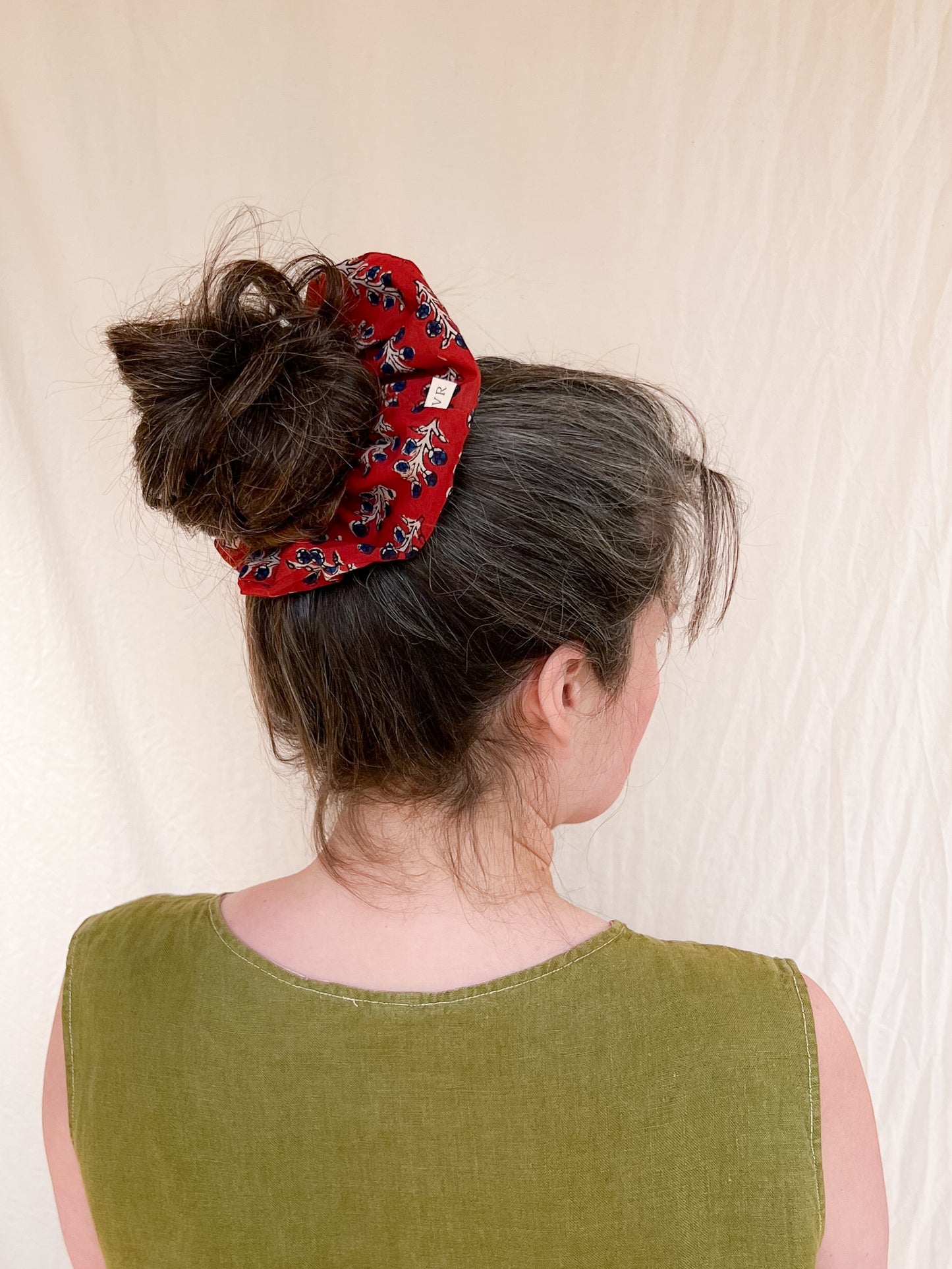 Hair Scrunchie in Blockprint Red Floral