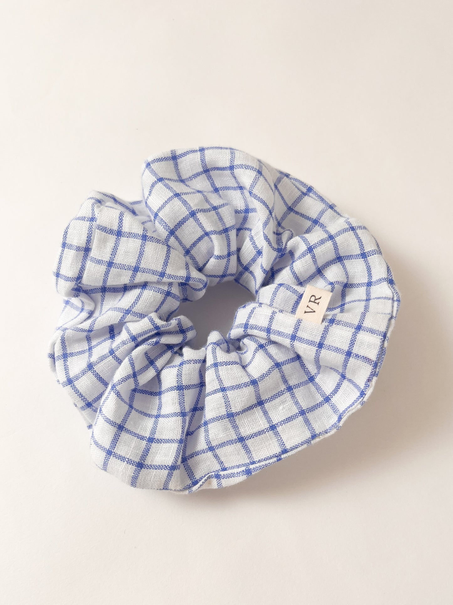 Hair Scrunchie in Blue Check Linen