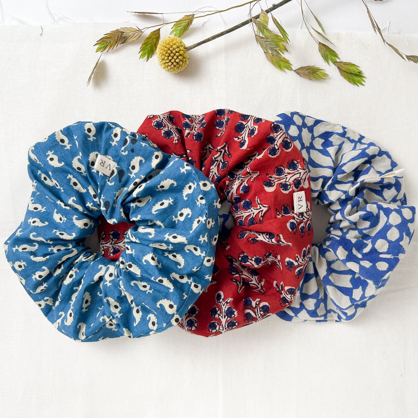 Hair Scrunchie in Blockprint Red Floral