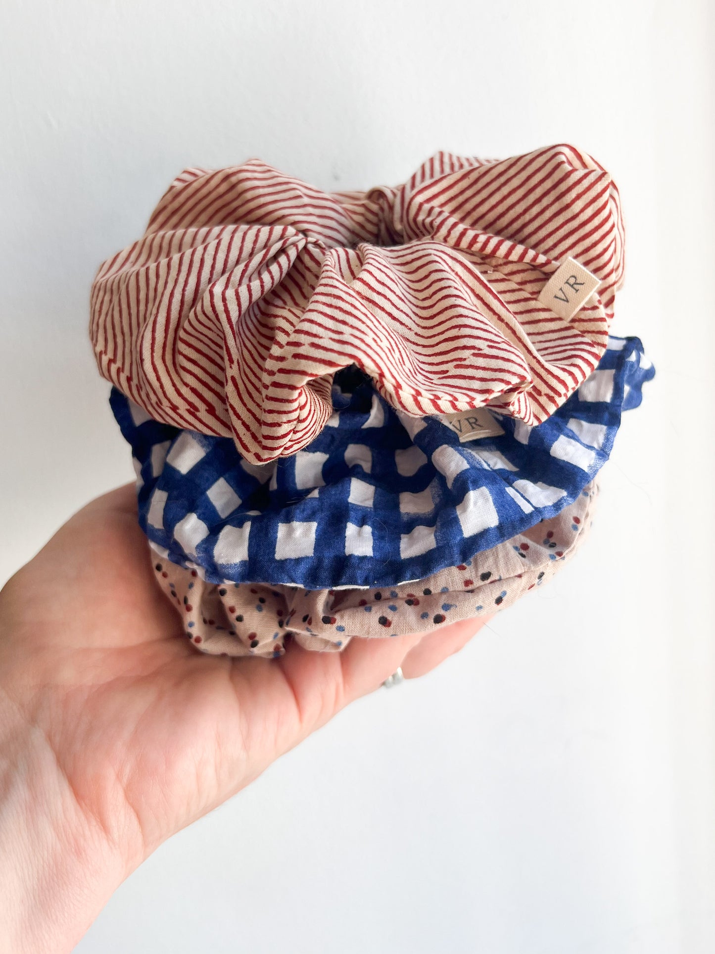 Hair Scrunchie in Block Print Brick Stripe