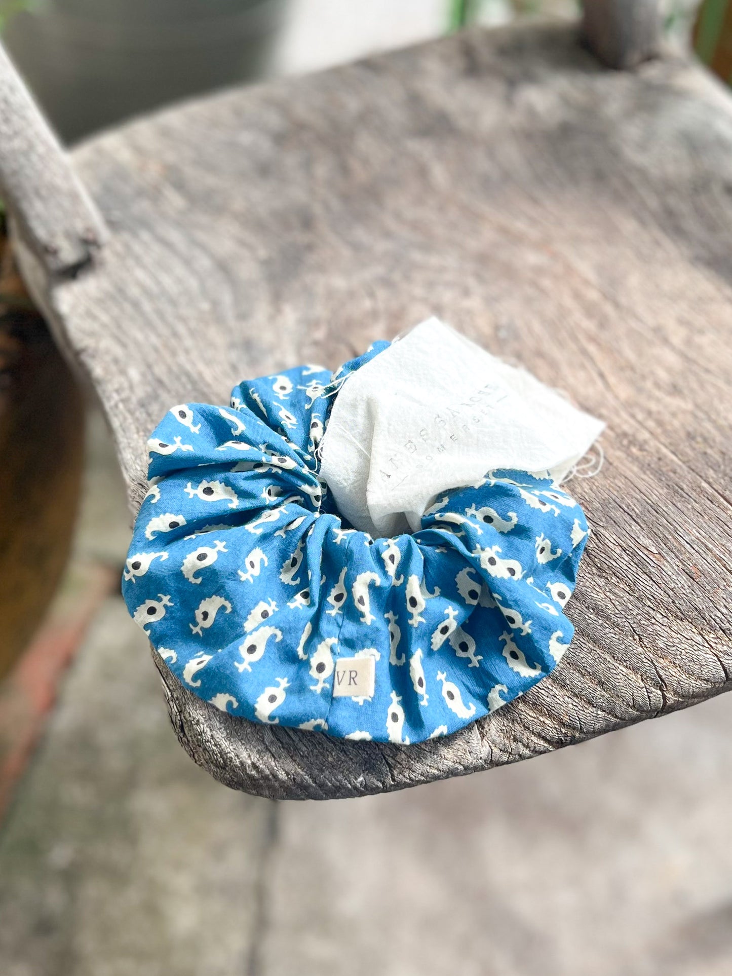 Hair Scrunchie in Blockprint Blue