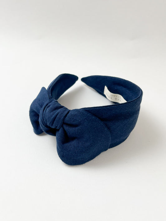The Side Bow Headband in Navy Linen