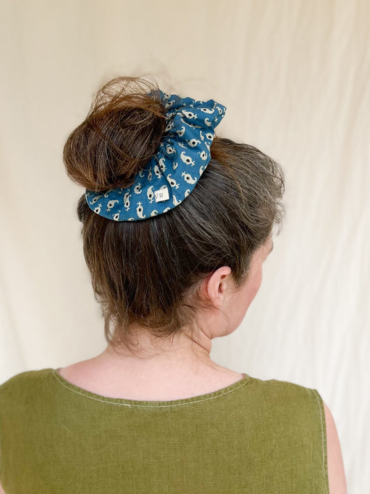 Hair Scrunchie in Blockprint Blue