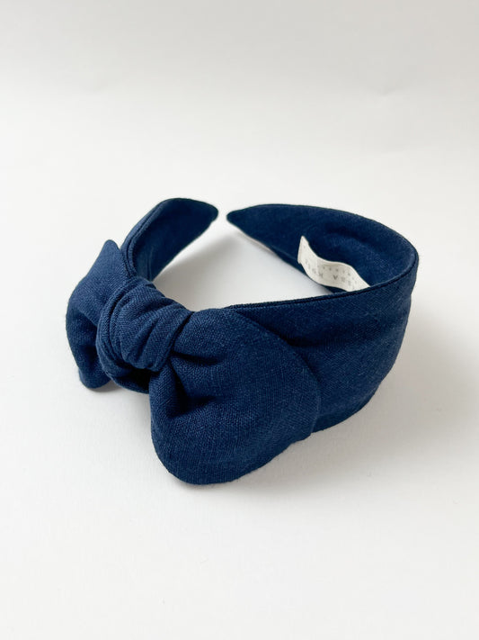 The Side Bow Headband in Navy Linen
