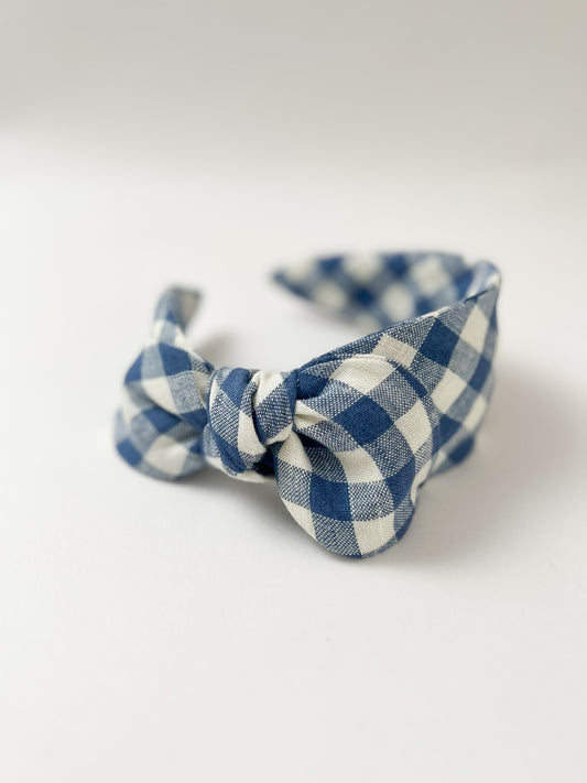 The Side Bow Headband Faro Blue Check Linen