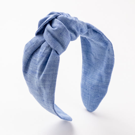 blue linen top knot hairband