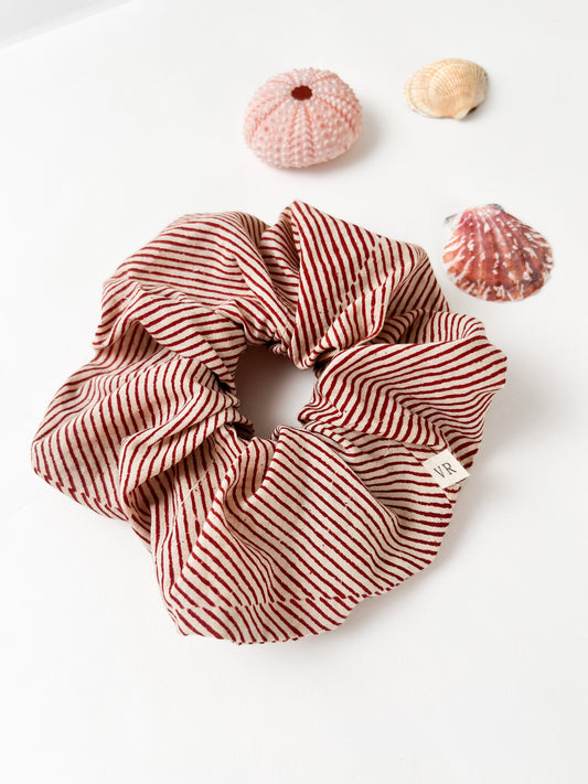 Hair Scrunchie in Block Print Brick Stripe