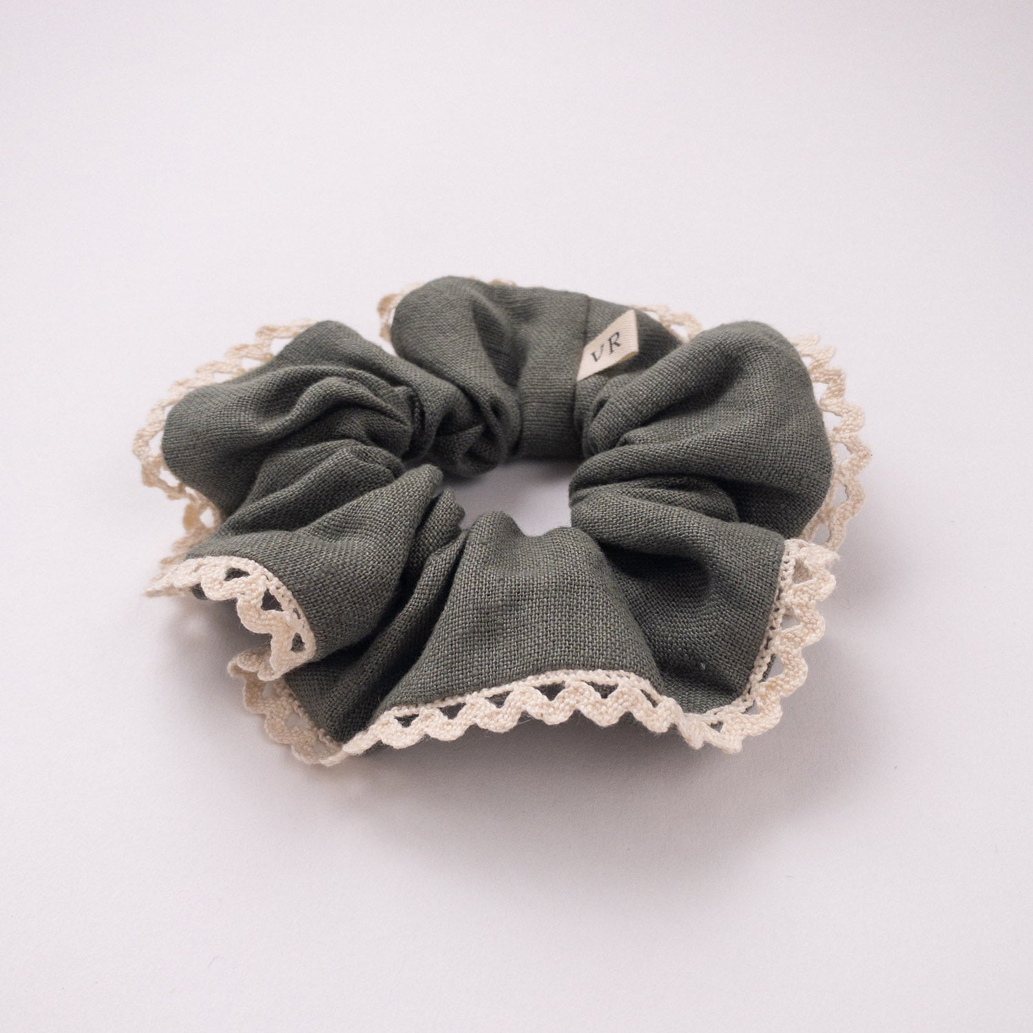 sage green linen scrunchie with lace edge