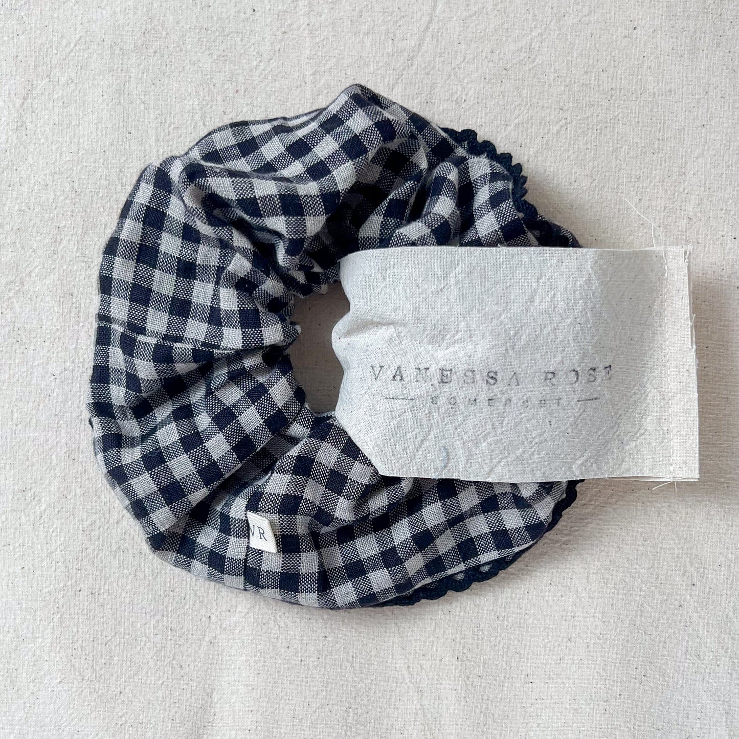 Linen Gingham Hair Scrunchie with Scalloped Trim