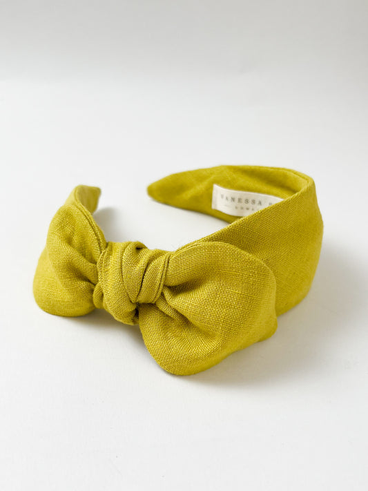 The Side Bow Headband in Citrus Yellow Linen