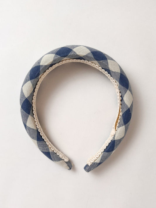 The Blue Check Linen Padded Headband