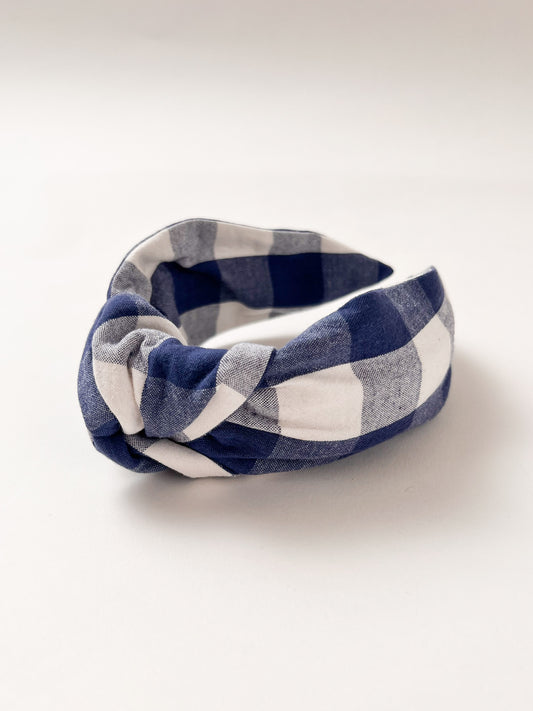 The Top Knot Headband in Picnic Blue Check